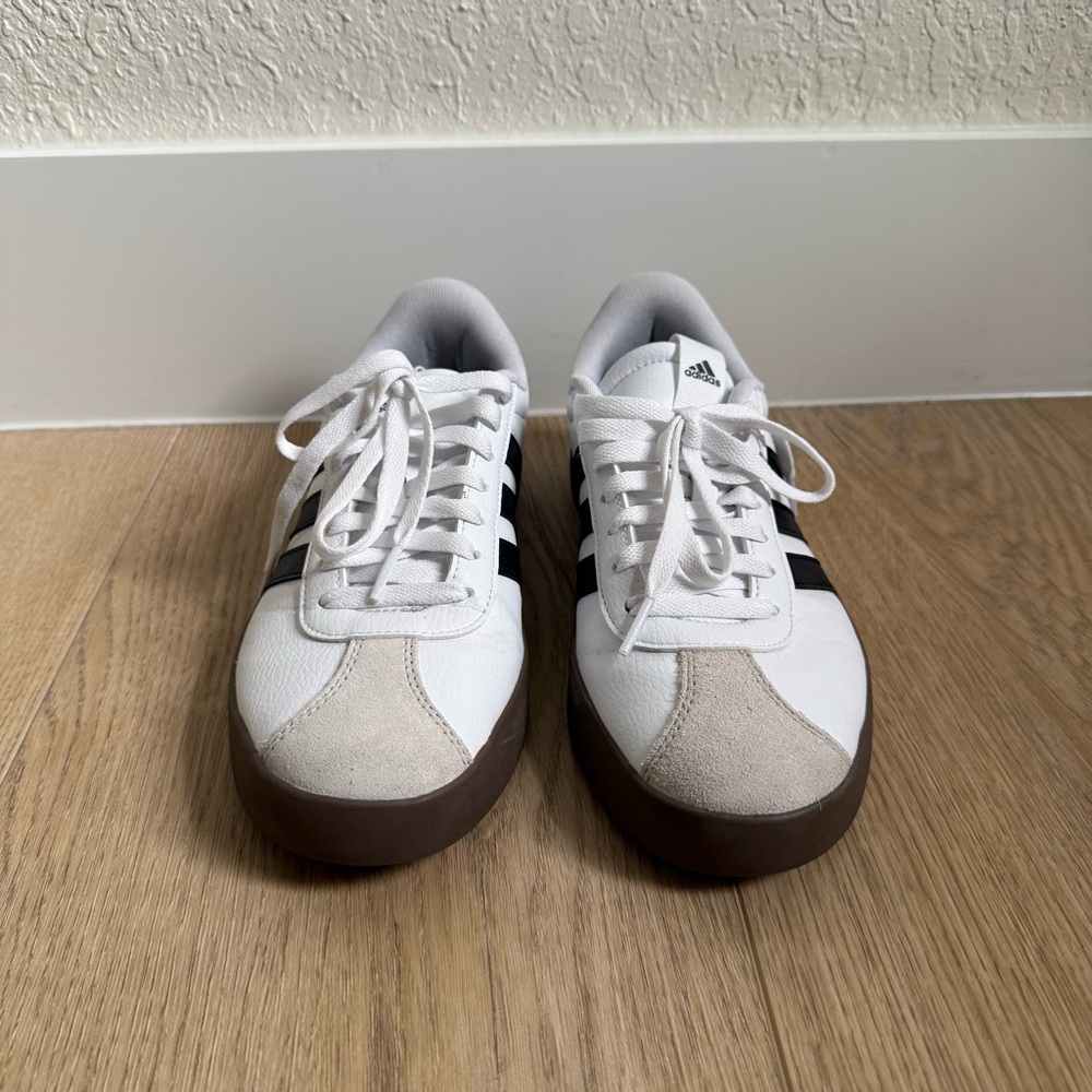 Adidas VL Court Sneakers White with Black Stripes and Brown Gum Sole